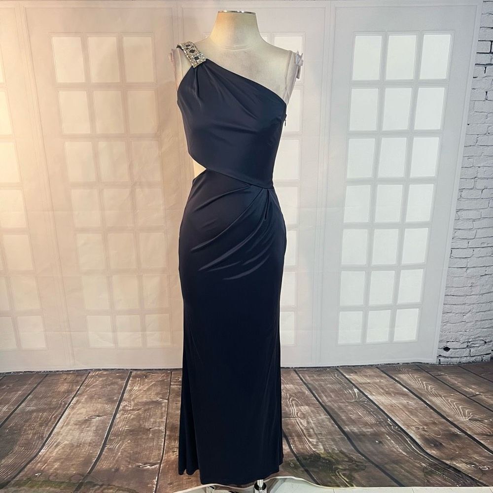 Kurt Thomas liquid blue stretch satin embellished one shoulder cutout gown